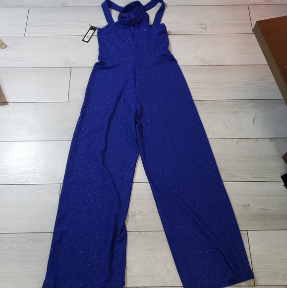 Bebe High Neck Sparkling Jumpsuit Cobalt Blue - Picture 2 of 9